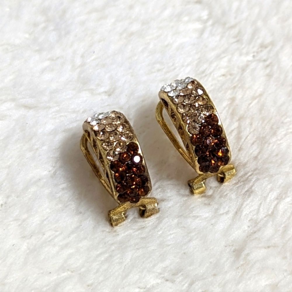 Vintage Tri-Colored Rhinestone Half Hoop Pierced Earrings - Picture 2 of 9